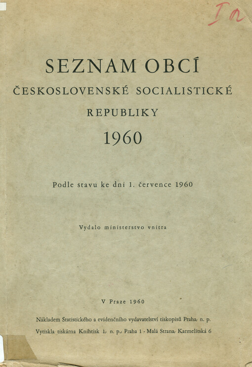 Seznam obcí Československé socialistické republiky 1960: Podle stavu ke dni 1. července 1960