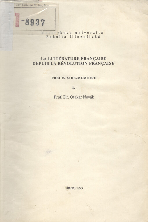 La littérature française depuis la Révolution française : precis aide-memoire. I.