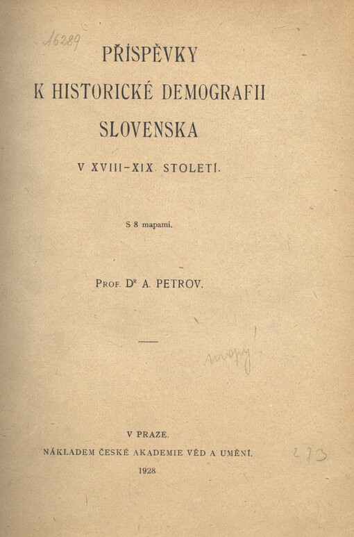 Příspěvky k historické demografii Slovenska v XVIII.-XIX. století
