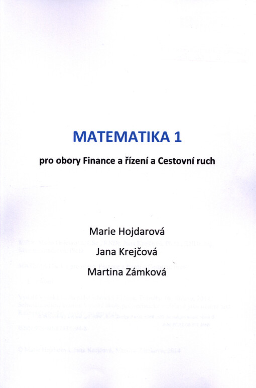 Matematika 1 pro obory Finance a řízení a Cestovní ruch
