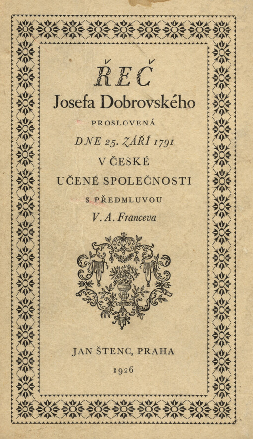 Řeč Josefa Dobrovského, proslovená dne 25. září 1791 v České učené společnosti