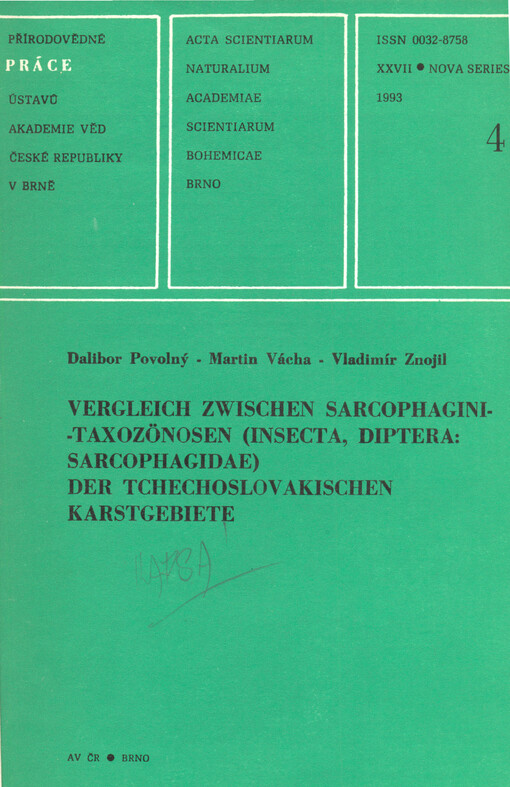 Vergleich zwischen Sarcophagini-Taxozönosen (Insecta, Diptera: Sarcophagidae) der Tschechoslowakischen Karstgebiete