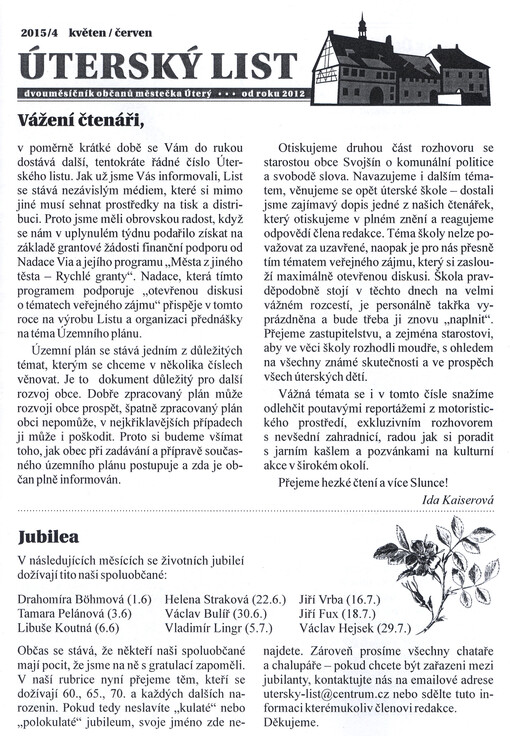 Úterský list : dvouměsíčník občanů městečka Úterý
