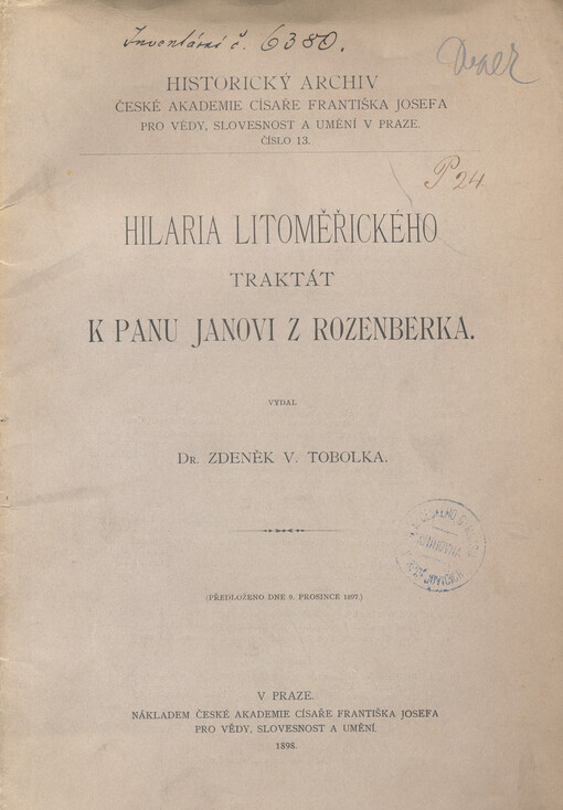 Hilaria Litoměřického Traktát k panu Janovi z Rozenberka