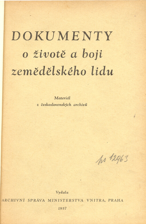 Dokumenty o životě a boji zemědělského lidu :materiál z československých archivů