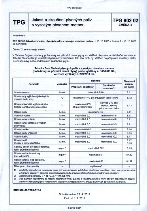 Jakost a zkoušení plynných paliv s vysokým obsahem metanu : TPG 902 02, změna 2 : schválena dne 22.4.2015, platí od 1.7.2015