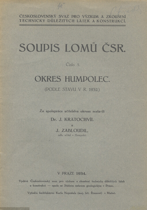 Soupis lomů ČSR.(podle stavu v r. 1932) /[Číslo 5],Okres Humpolec :