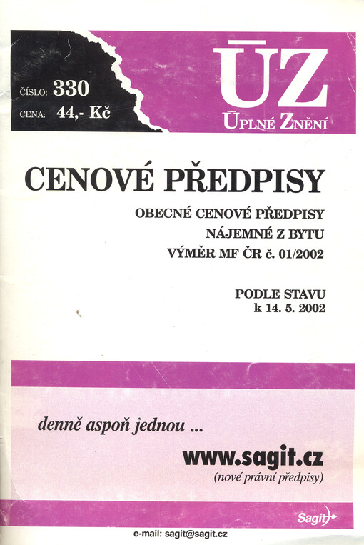 Cenové předpisy : obecné cenové předpisy, nájemné z bytu, výměr MF ČR č. 01/2002 : podle stavu k 14.5.2002