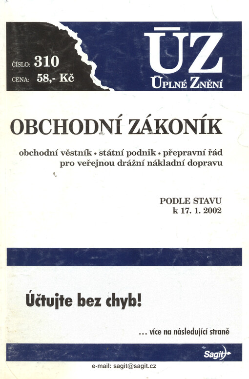 Obchodní zákoník : obchodní věstník, státní podnik, přepravní řád pro veřejnou drážní nákladní dopravu : podle stavu k 17.1.2002