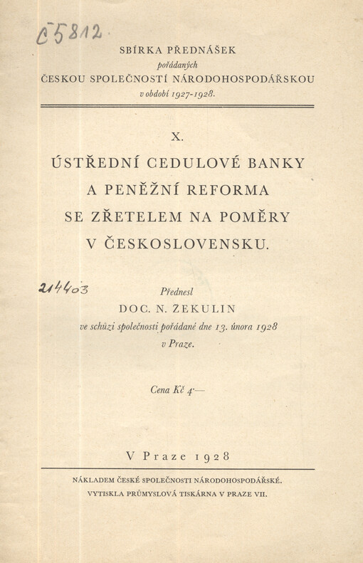 Ústřední cedulové banky a peněžní reforma se zřetelem na poměry v Československu :