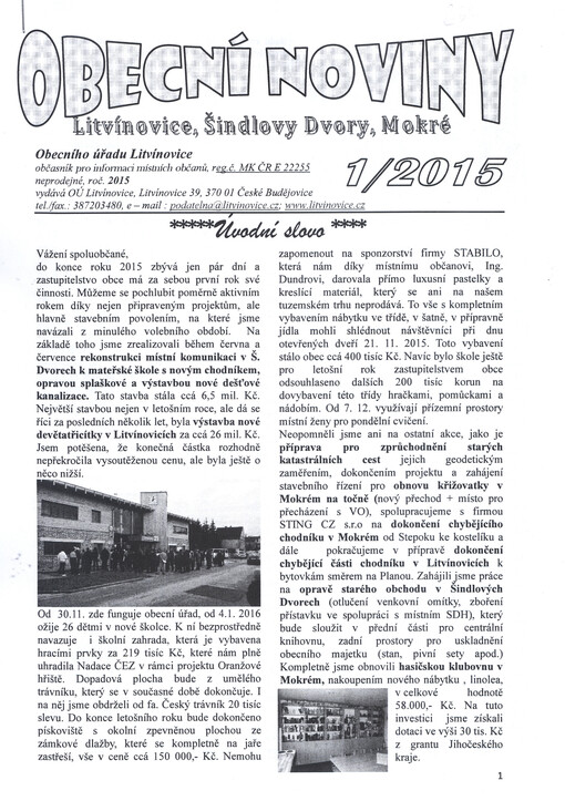 Obecní noviny : Litvínovice, Šindlovy Dvory, Mokré
