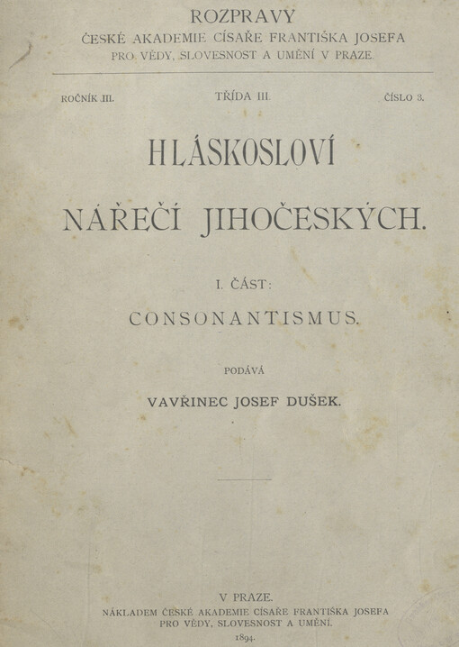 Hláskosloví nářečí jihočeských. I. část, Consonantismus