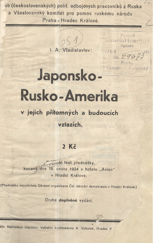 Japonsko-Rusko-Amerika v jejich přítomných a budoucích vztazích :Původní text přednášky, konané dne 16. února 1934 v hotelu 