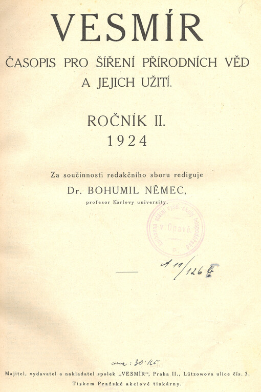 Vesmír : časopis pro šíření vědy přírodní, zeměpisné a národopisné