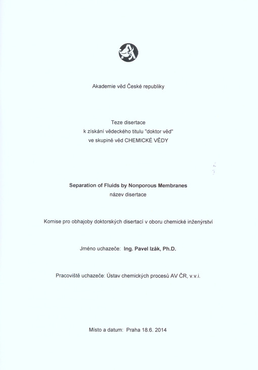 Separation of fluids by nonporous membranes : teze disertace k získání vědeckého titulu 