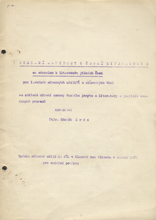 Vybrané kapitoly z české literatury : se zřetelem k literatuře jižních Čech. I, pro I. ročník odborných učilišť a učňovských škol
