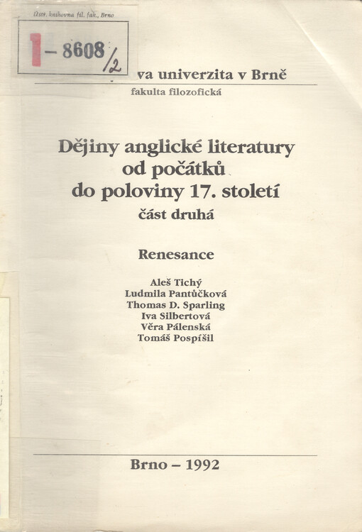 Dějiny anglické literatury od počátků do poloviny 17. století: určeno pro posl. fak. filoz