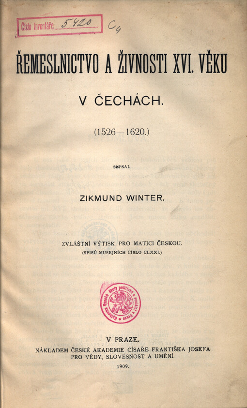 Řemeslnictvo a živnosti XVI. věku v Čechách :(1526-1620)