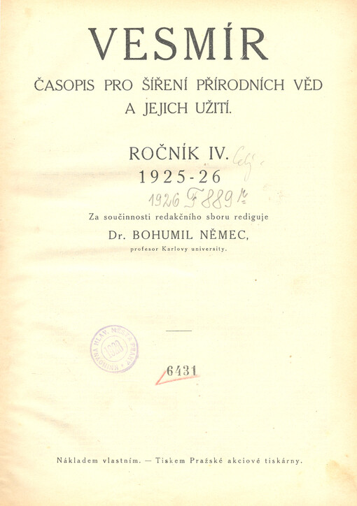 Vesmír : časopis pro šíření vědy přírodní, zeměpisné a národopisné