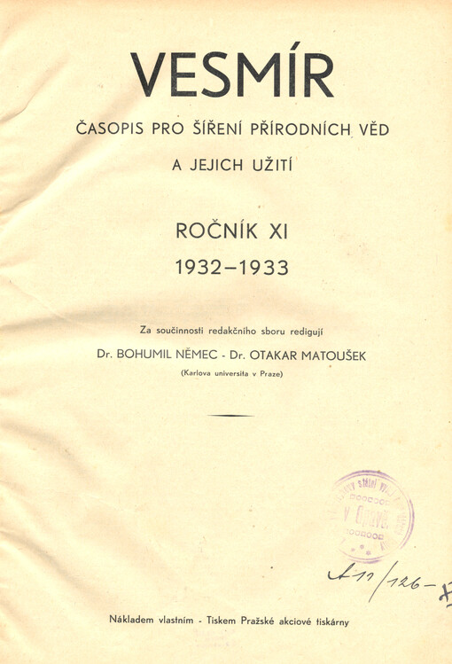 Vesmír : časopis pro šíření vědy přírodní, zeměpisné a národopisné