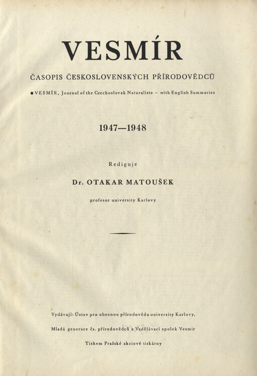 Vesmír : časopis pro šíření vědy přírodní, zeměpisné a národopisné
