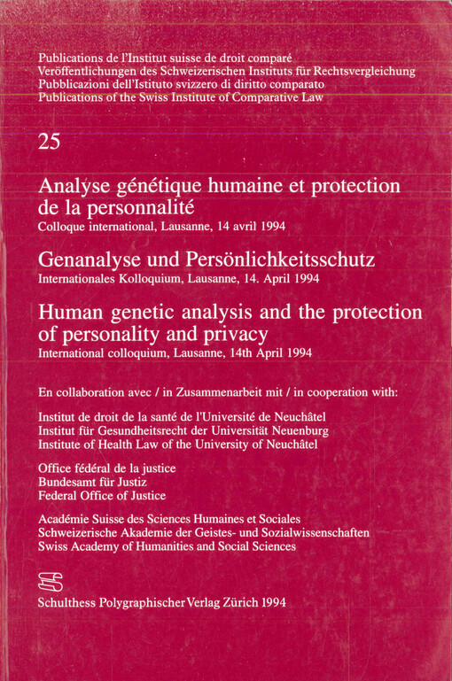 Analyse génétique humaine et protection de la personnalité : colloque international, Lausanne, 14 avril 1994