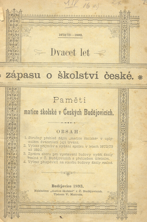 Dvacet let zápasu o školství české :paměti matice školské v Českých Budějovicích : [1872/73-1892]