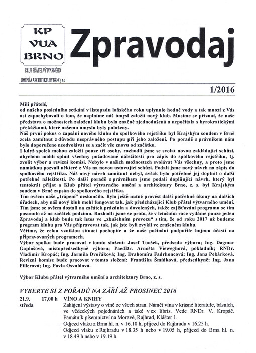 Zpravodaj : Klub přátel výtvarného umění a architektury Brno, z.s.