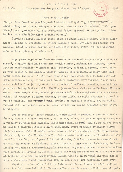 Zpravodaj Společnosti bratří Čapků :Informace pro členy Společnosti bratří Čapků