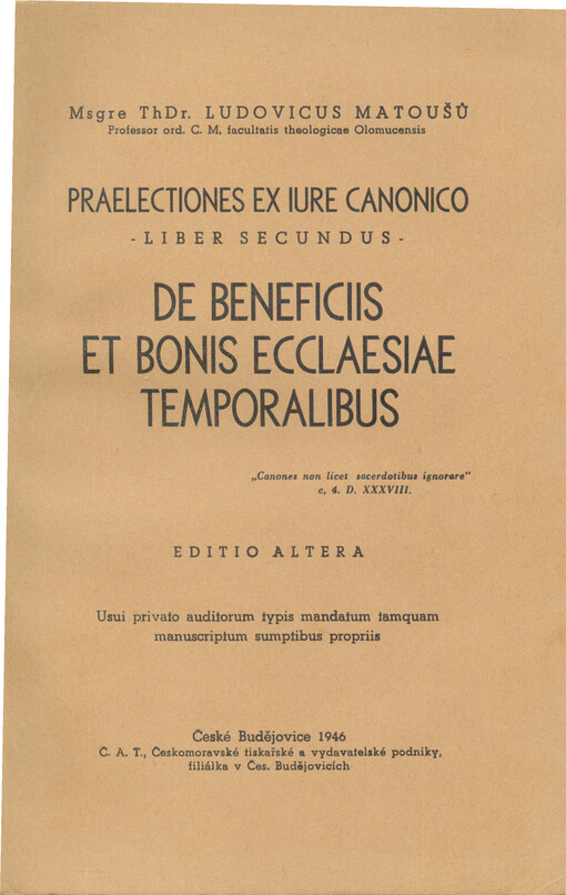 Praelectiones ex iure canonico. Liber secundus, De beneficiis et bonis ecclaesiae temporalibus