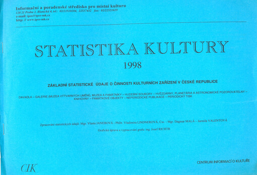 Základní statistické údaje o činnosti kulturních zařízení v České republice :davadla [i.e. divadla] - galerie (muzea výtvarných umění), muzea a památníky - hudební soubory - hvězdárny, planetária a astronomické pozorovatelny - knihovny - památkové objekty - neperiodické publikace - periodický tisk