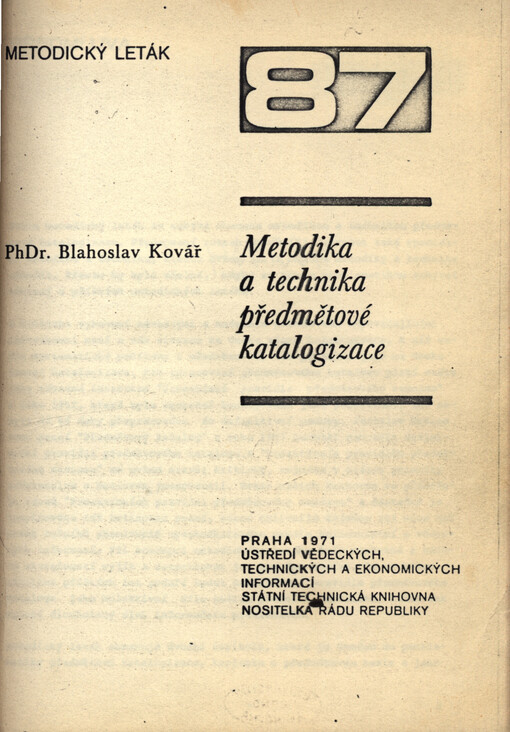 Metodika a technika předmětové katalogizace