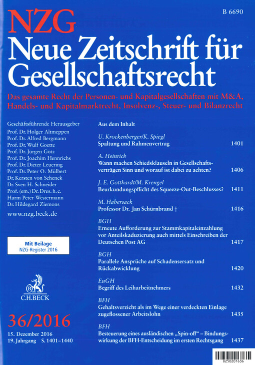 Neue Zeitschrift für Gesellschaftsrecht : das gesamte Recht der Personen- und Kapitalgesellschaften : Konzernrecht, Umwandlungsrecht, Unternehmenskauf, Steuer- und Bilanzrecht.