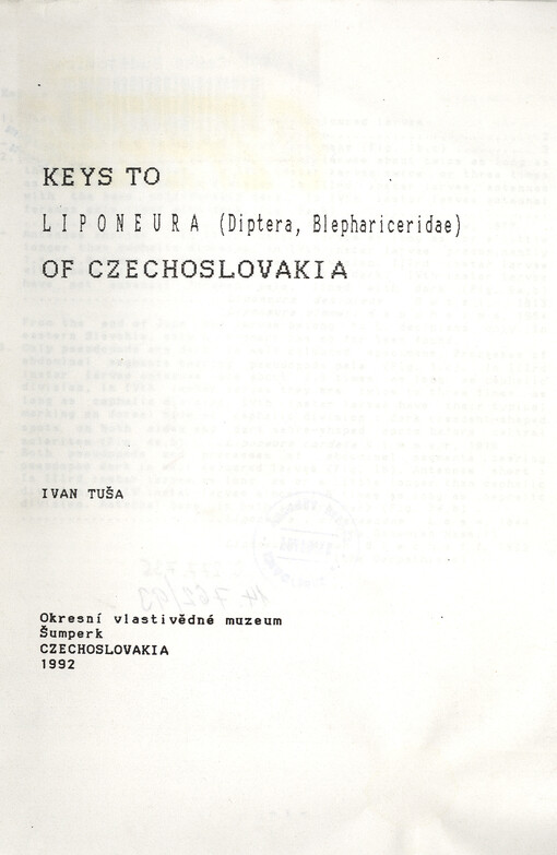 Keys to Liponeura (Diptera, Blephariceridae) of Czechoslovakia
