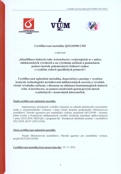 Certifikovaná metodika QJ1210300 CM3 s názvem 