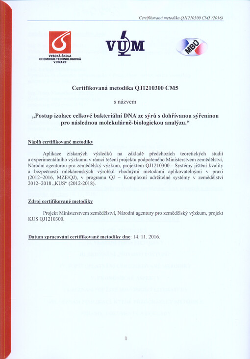 Certifikovaná metodika QJ1210300 CM5 s názvem 