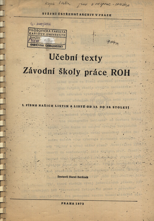 Učební texty Závodní školy práce ROH. 1., Písmo našich listin a listů od 12. do 20. století