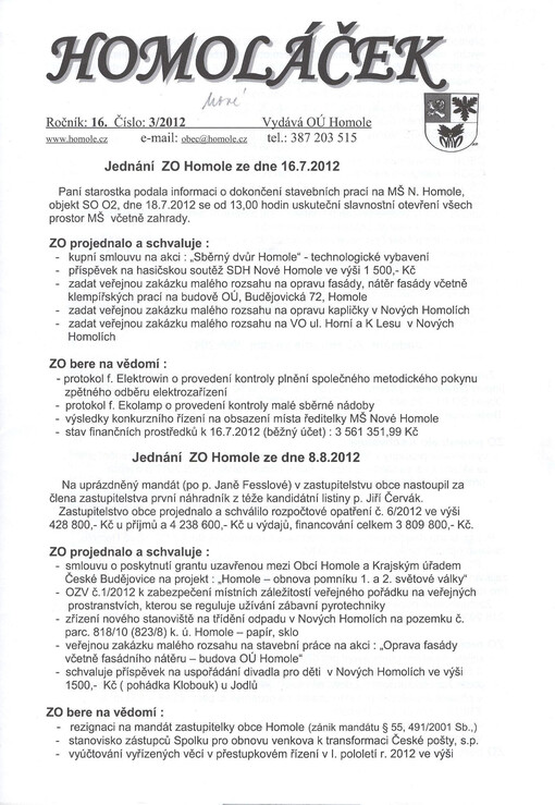 Homoláček : čtvrtletník Obecního úřadu v Homolích
