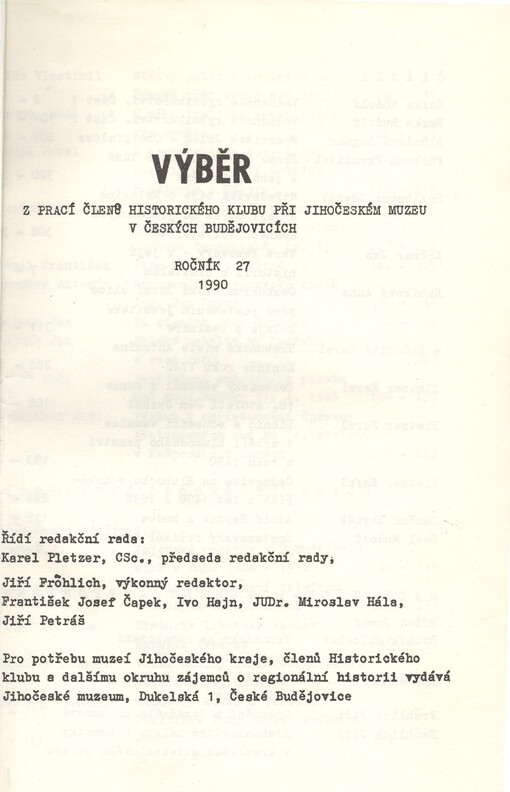 Výběr z prací členů Historického klubu při Jihočeském muzeu v Českých Budějovicích