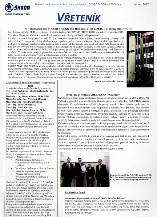 Vřeteník : firemní noviny pro zaměstnance společnosti Škoda Machine Tool a.s.