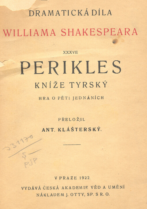 Perikles : kníže tyrský : hra o pěti jednáních