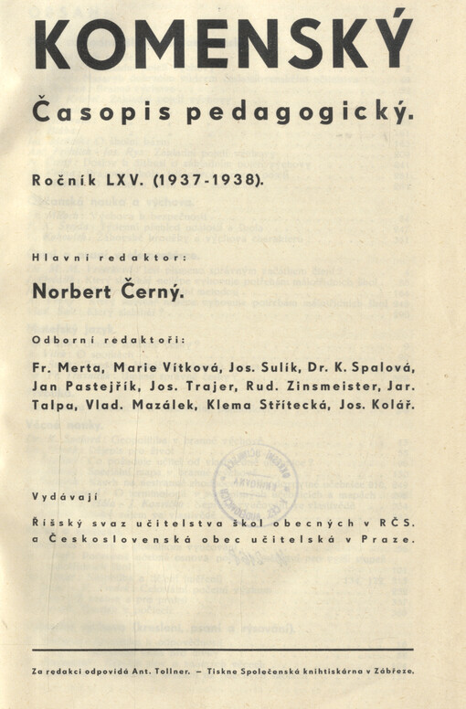 Komenský : týdeník vychovatelský věnovaný učitelstvu našemu jakož i přátelům školstva a milé mládeže naší