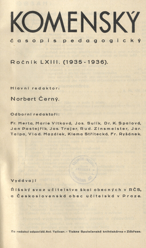 Komenský : týdeník vychovatelský věnovaný učitelstvu našemu jakož i přátelům školstva a milé mládeže naší