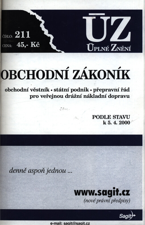 Obchodní zákoník :obchodní věstník, státní podnik, přepravní řád pro veřejnou drážní nákladní dopravu : podle stavu k 5.4.2000