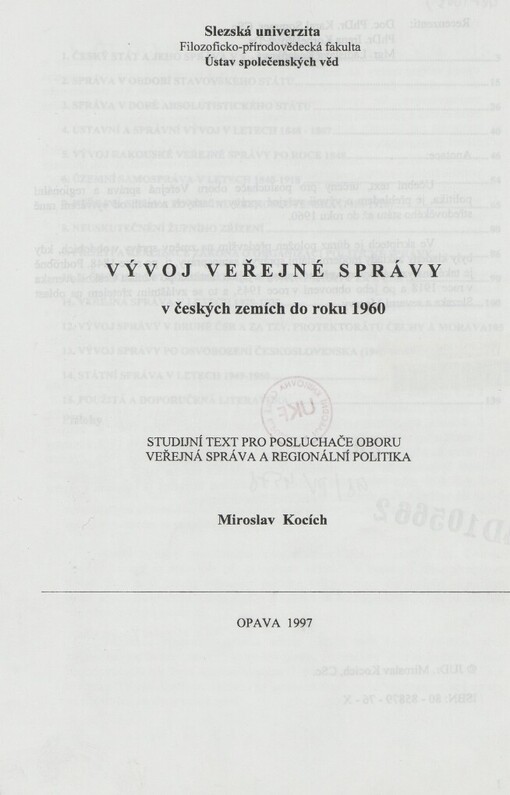 Vývoj veřejné správy v českých zemích do roku 1960: studijní text pro posluchače oboru Veřejná správa a regionální politika