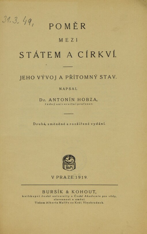 Poměr mezi státem a církví :jeho vývoj a přítomný stav, 2., změn. a rozš. vyd.