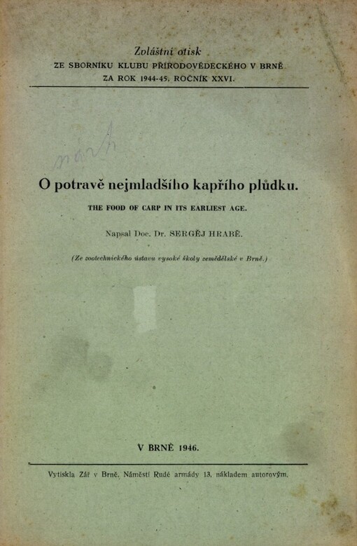 O potravě nejmladšího kapřího plůdku =The food of carp in its earliest age