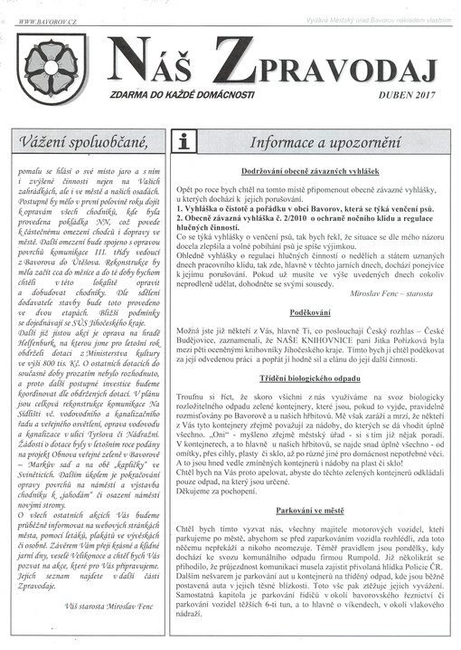 Náš zpravodaj : měsíčník aktualit a zpráv MNV, MKS a NF v Bavorově