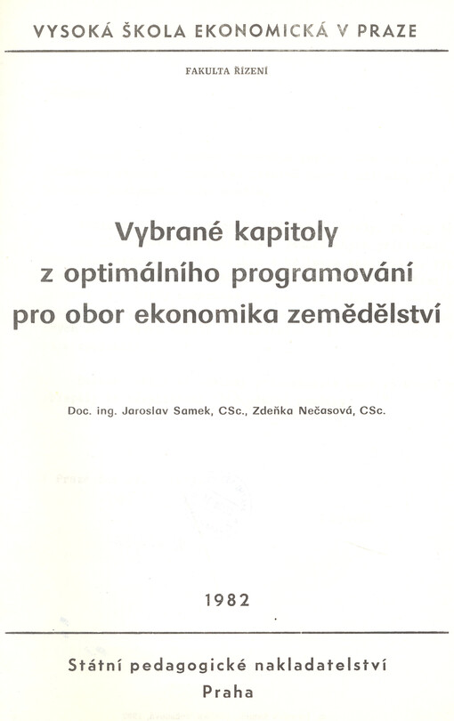 Vybrané kapitoly z optimálního programování pro obor ekonomika zemědělství