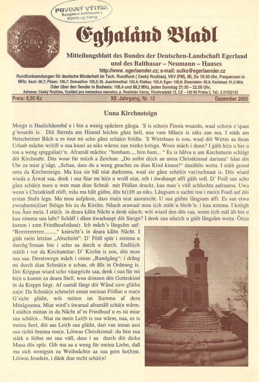 Eghaland Bladl : Mitteilungsblatt des Bundes der Deutschen - Landschaft Egerland und des Balthasar - Neumann - Hauses 